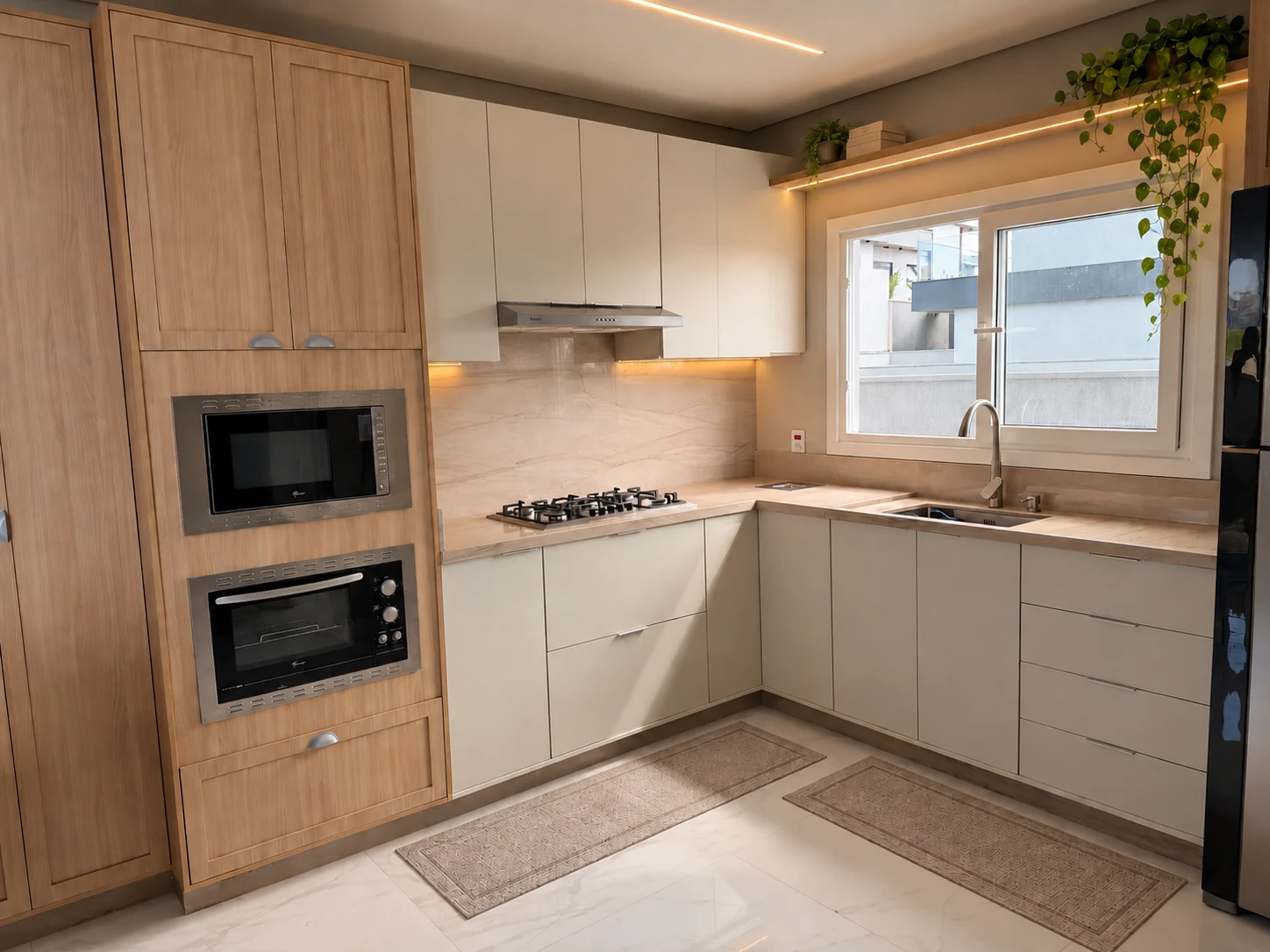 Cozinha Ione com armários claros, torre amadeirada e decoração aconchegante