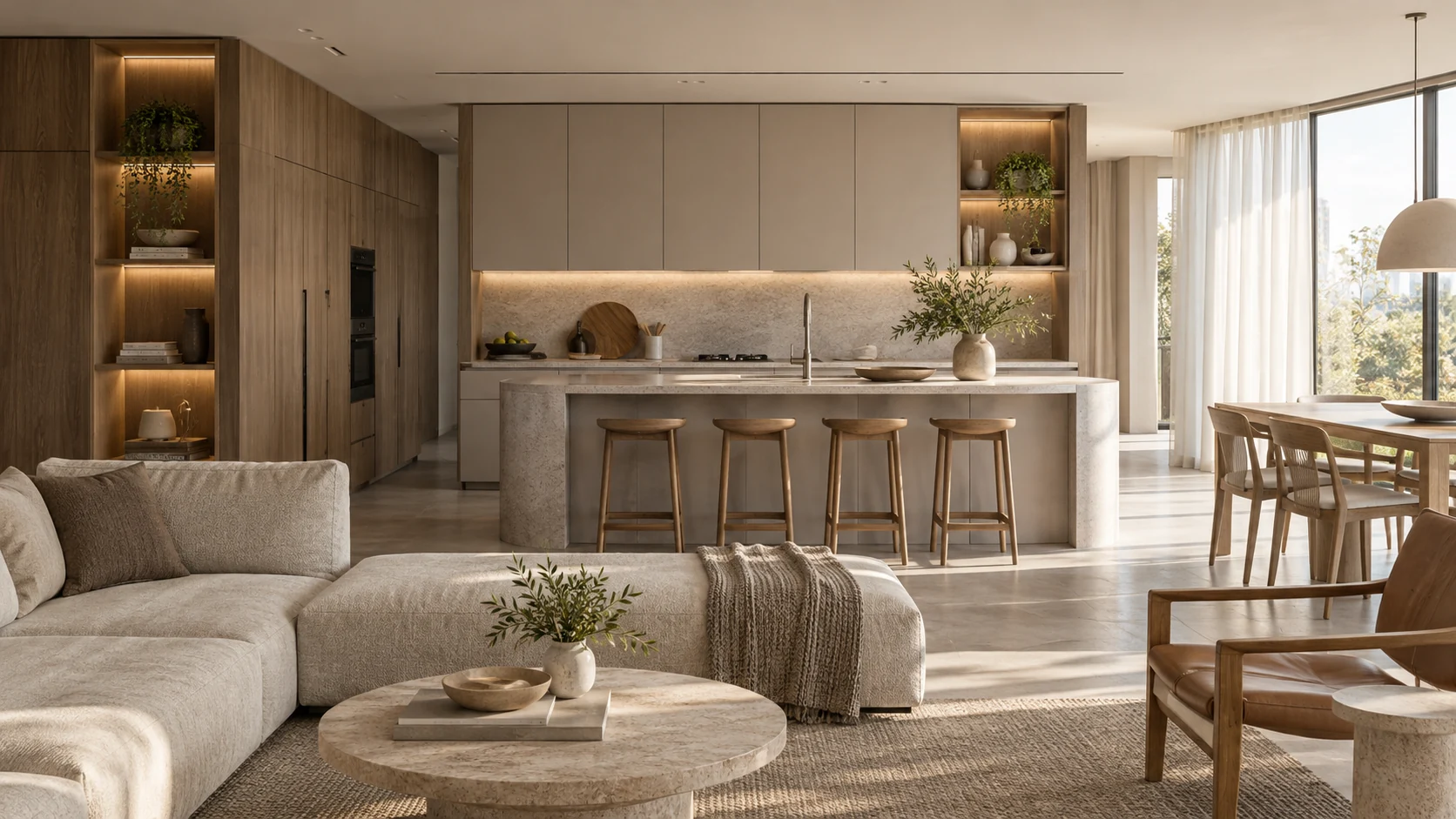 Inspiração de cozinha integrada à sala em madeira clara e tons areia